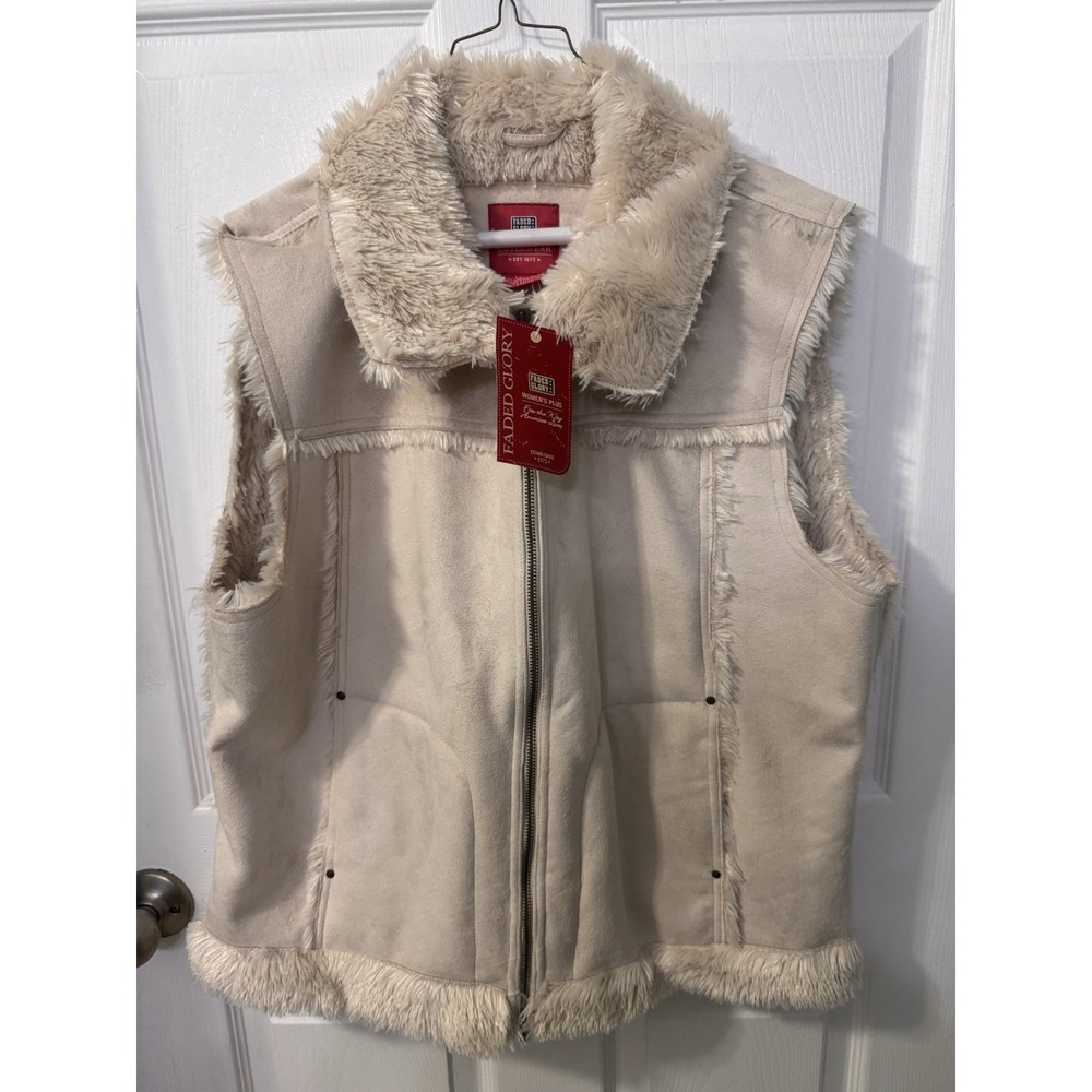 Y2K Faded Glory Vest Womens 2X 18W 20W Beige Faux Suede Shearling Full Zip NWT